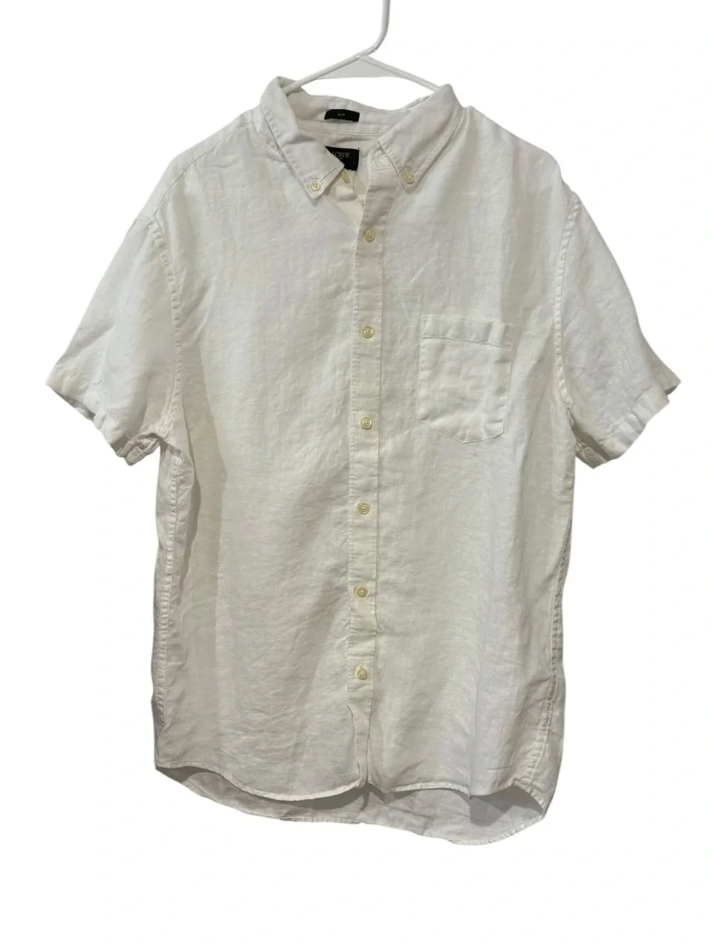 J.Crew Large Men’s White Linen Button Down Short Sleeve Shirt Slim Fit Casual To